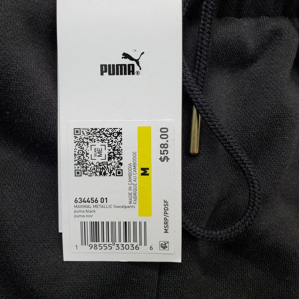 PUMA Maximal Metallic Sweatpants Mens M Black Regular Tapered Leg Drawstring